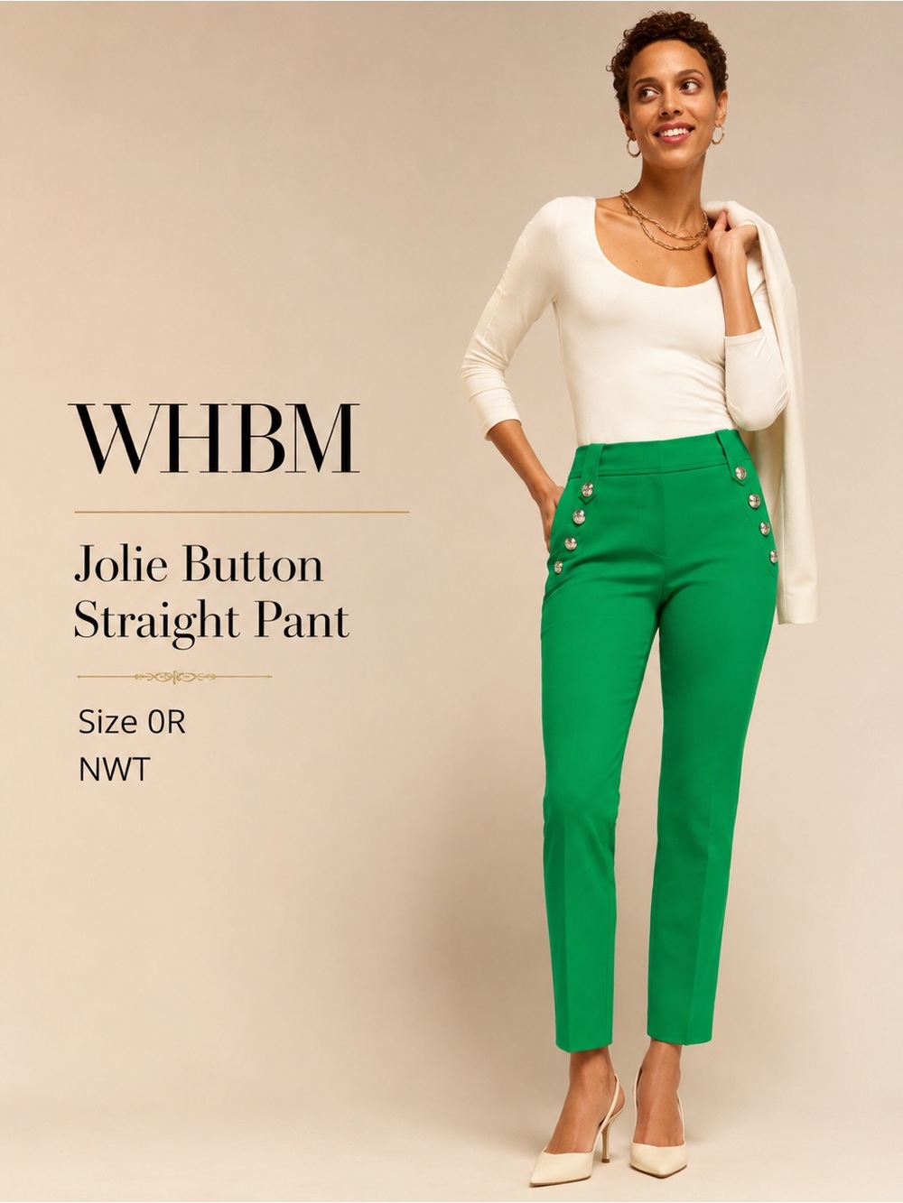 WHBM Jolie Button Straight Luxe Stretch Pants Amazon Green Size 0R NWT